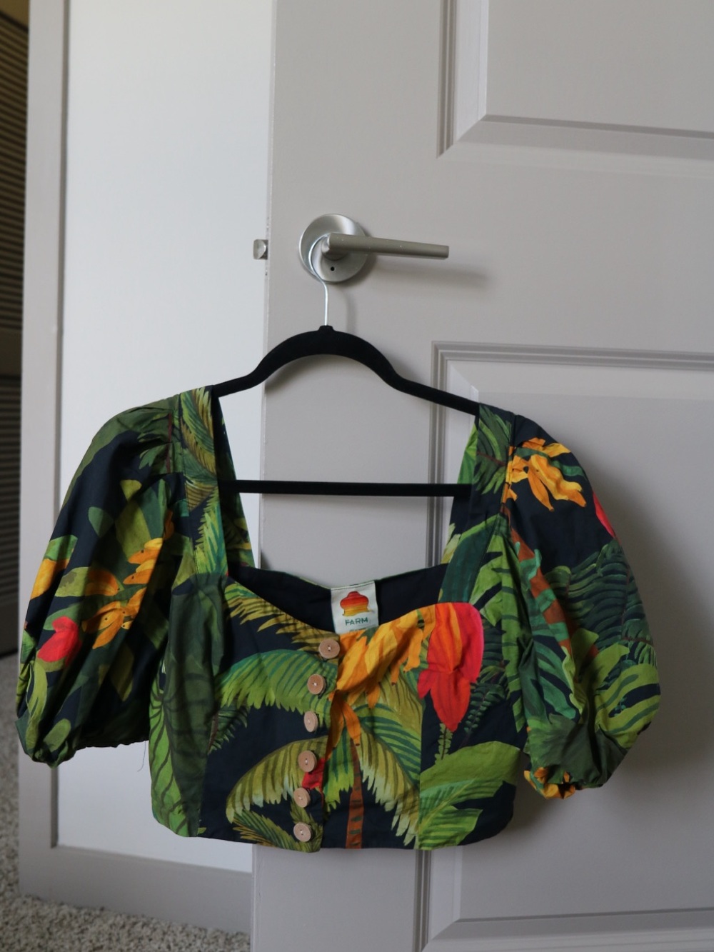 FARM Rio Black Tropical Crop Top with Green Leaves & Yellow-Orange Blooms